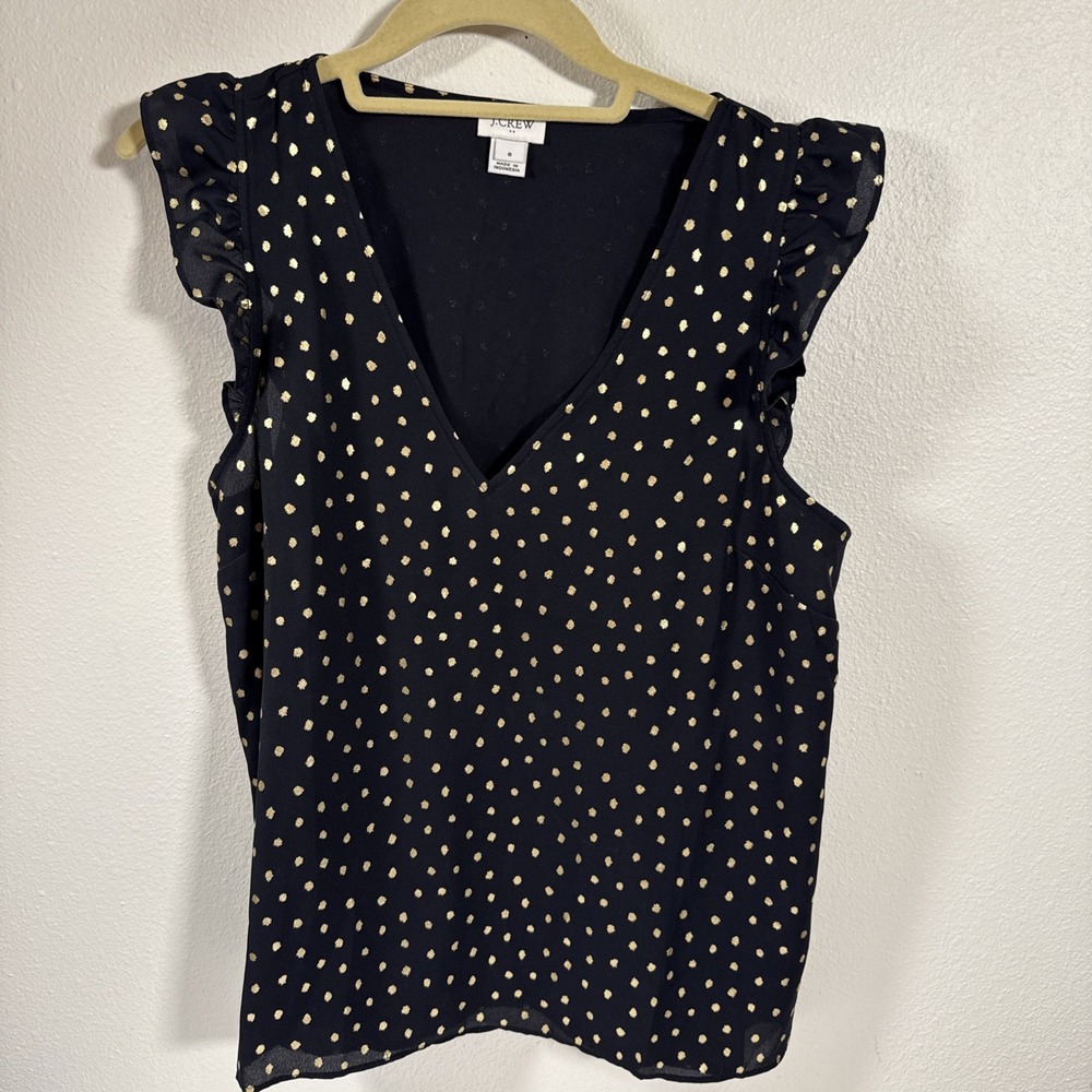 J Crew‎ Women's Size 8 Flutter Sleeve  Blouse Black And Gold Holiday A1